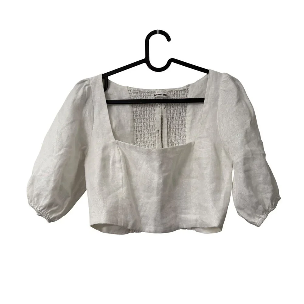 Reformation White Pure Linen Puff Sleeve Square Neck Cropped Blouse Top Size 2
